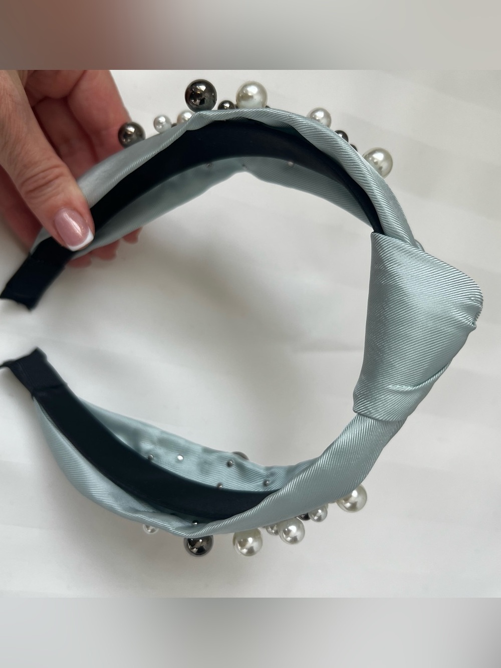 Pearl-Embellished Light Blue Satin Headband